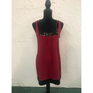 Express Red‎ Tank Midi Dress Black Sequin Trim Square Neckline Womens Size L Y2K